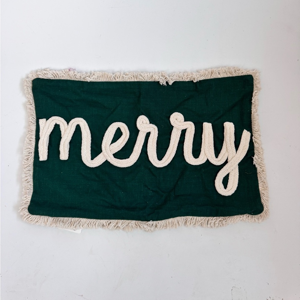 MERRY Sweater Script Festive Green and Cream Oblong Pillow Cover 15”x25”